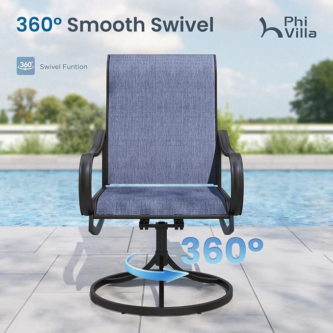 PHI VILLA Outdoor Dining Set with Umbrella for 6, Swivel Mesh Chairs | Includes 1 rectangle metal table, 6 textilene chairs and 13ft blue umbrella(NO BASE), designed for patio, deck, garden
