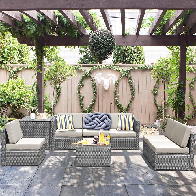 RELAX4LIFE 8-Piece Patio Furniture Set - PE Wicker Conversation Set w/Soft Cushions & Tempered Glass Storage Table, Outdoor Sectional Sofa Set for Garden, Poolside, Backyard (White)
