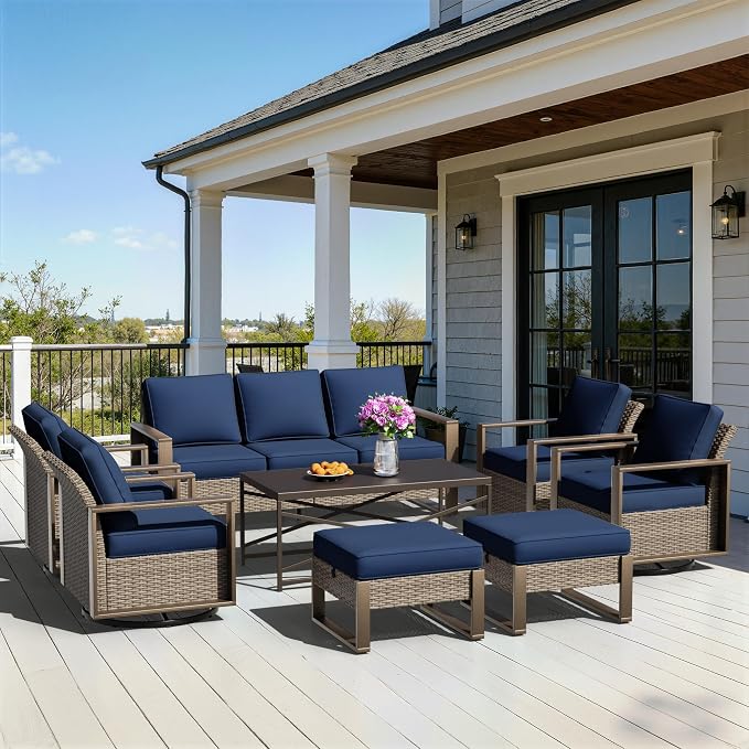 8 Pieces Metal Wicker Patio Furniture Set - 75" Sofa, Four Swivel Chairs and Two Ottomans, One Coffee Table All Weather Rattan Outdoor Conversation Furniture with Washable Cushion for Deck, Dark Blue