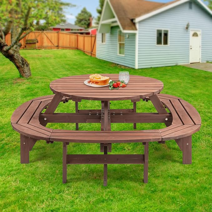 8-12 Person Outdoor Round Wooden Picnic Table with 8 Built-in Benches, Umbrella Hole, Outside Table and Bench Set for Garden, Backyard, Porch, Patio and Deck