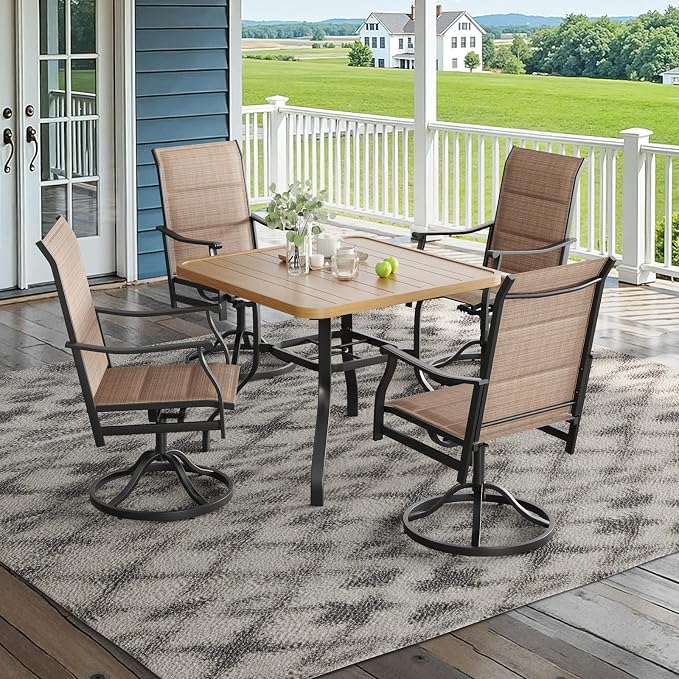 Soohow Patio Dining Set for 4, 5-Piece Outdoor Dining Set 4 x Swivel Patio Chairs and 35"x35" Outdoor Dining Table with 1.57" Umbrella Hole, Wood-Like, for Poolside, Backyard