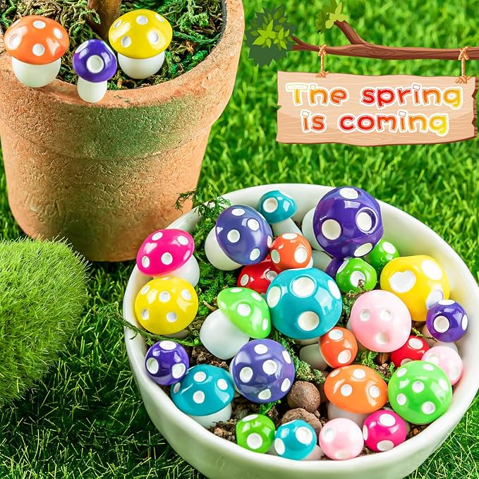 64 pcs Tiny Mushrooms, Colorful Miniature | Fairy Garden, Mini Resin Mushrooms Decoration, Mushroom Statue Cute Figurines, Garden Bonsai Micro Landscape Craft