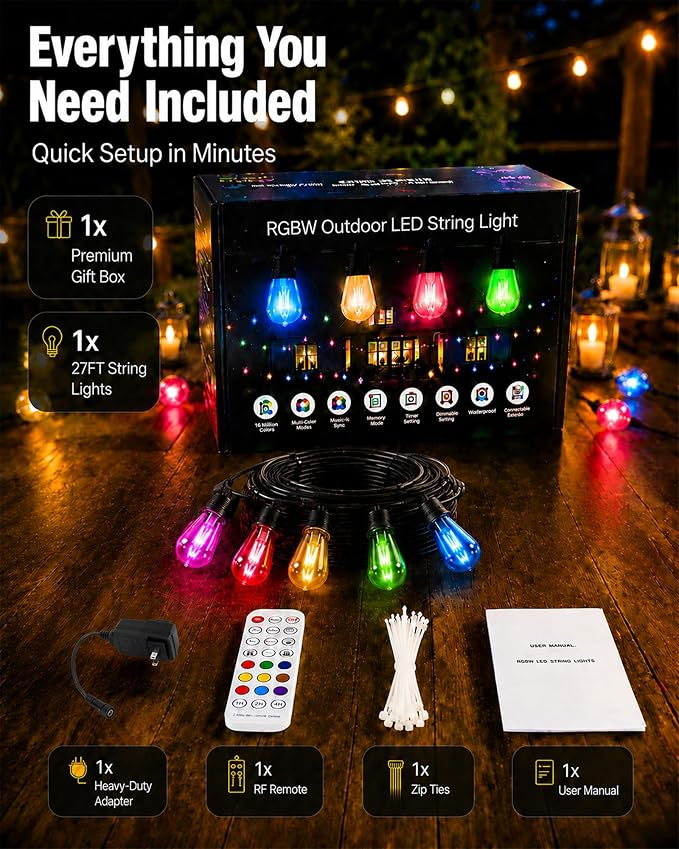 27FT RGBW Outdoor String Lights 24V Dimmable Patio | IP65 Waterproof, 200+ Dynamic Modes, Music Sync, App & Remote Control, Zip Ties Included, Weatherproof -4°F to 158°F
