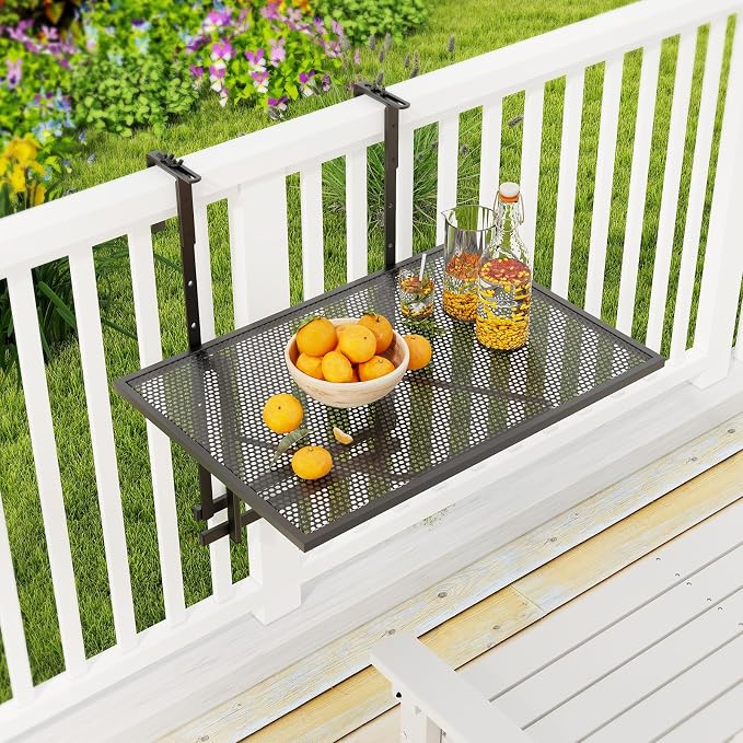 LDAILY Balcony Railing Table, Large Metal Folding Hanging Table with 5-Level Adjustable Height, Heavy-Duty Outdoor Bar Table Fits 1.4”-4” Railings for Patio, Porch, Deck, Black