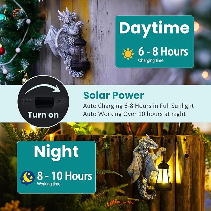 Goodeco Dragon Tree Hugger Solar Lantern Garden Statue - 2 Pack 9.3 Inch Resin Dragon Decor for Outdoor, Perfect Garden Gift & Yard Decor (Grey, 2-Pack)