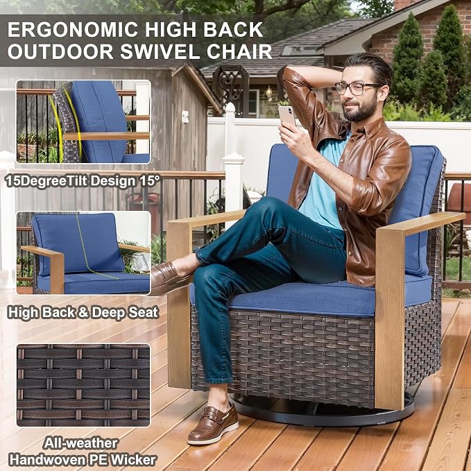 Belord Modern Outdoor Patio Furniture 7 - Person Outdoor Swivel Glider Seating Group, Backyard Wicker Furniture Set with Aluminum Armrests, Brown Wicker Blue Cushion