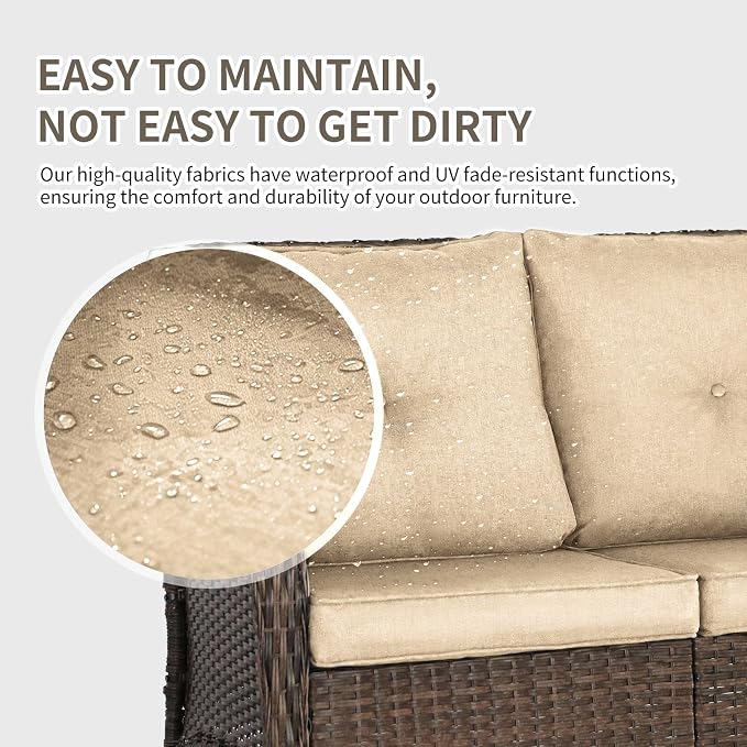Outdoor Swivel Rocker Patio Chairs (Brown Wicker/Khaki Cushion, 4PC/Sofa & Chair &Coffee Table)