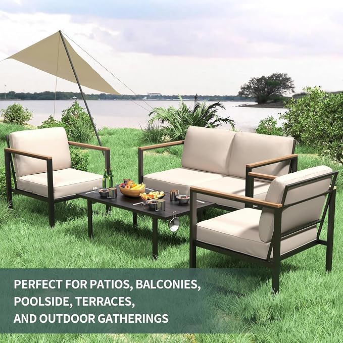 4-Piece Outdoor Patio Set Metal Conversation Deep Seat High Back Sofa with Washable Cushions 2 Chairs Coffee Table for Garden Balcony