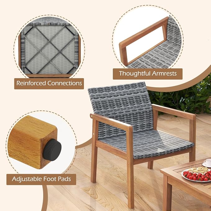 HAPPYGRILL 4-Piece Patio Furniture Set, PE Rattan Patio Bistro Set with Loveseat, Single Chairs & Coffee Table, Outdoor Acacia Wood Conversation Set for Garden, Backyard, Poolside & Porch
