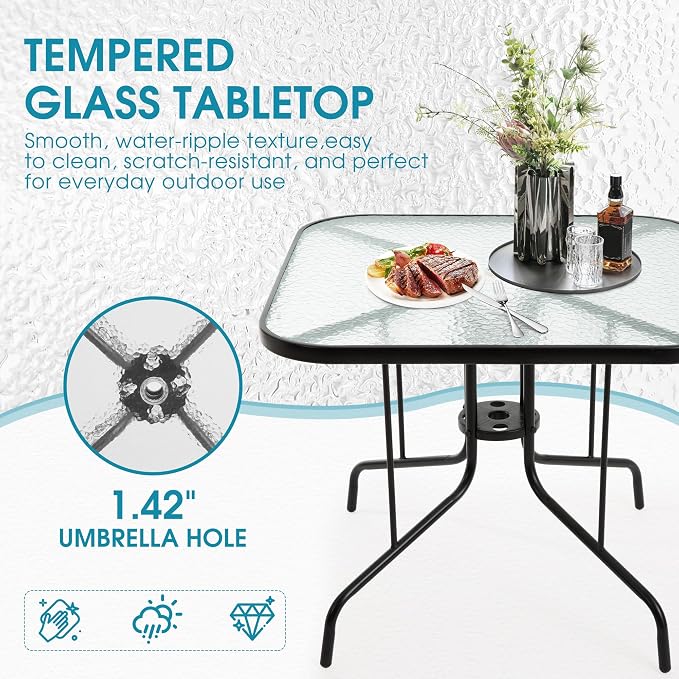 Patio Dining Table for 4 with Umbrella Hole, Outdoor 5 Piece Dining Set 36" x 36", Black, for Garden Backyard Poolside Front Proch Outside