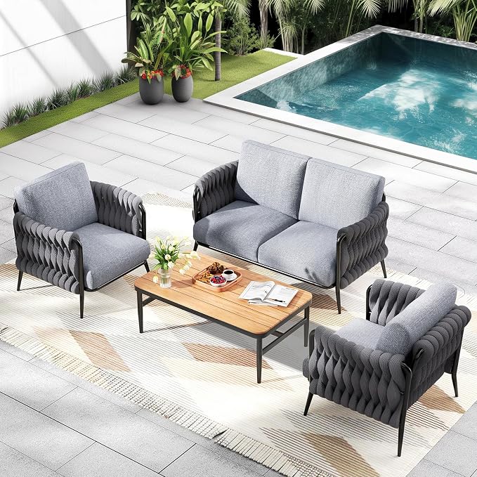 Jocoevol Patio Furniture Set, 4-Seat Outdoor Sofa Furniture Deep Seating with Coffee Table, Metal Patio Conversation Sets with Waterproof & Extra-Thick Cushions for Garden, Poolside, Backyard