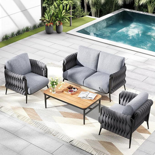 Jocoevol Patio Furniture Set, 4-Seat Outdoor Sofa Furniture Deep Seating with Coffee Table, Metal Patio Conversation Sets with Waterproof & Extra-Thick Cushions for Garden, Poolside, Backyard
