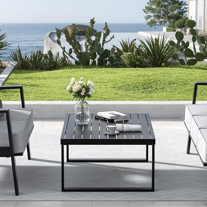 Aluminum Outdoor Patio Coffee Table for Deck and Poolside(Black, All-Aluminum)