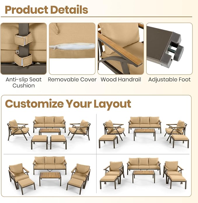 KLMM 6-Piece Outdoor Patio Furniture Set,Steel Frame Sofa Set with 3-Seat Couch, 2 Armchairs, 2 Ottomans & Acacia Wood Coffee Table,for Backyard, Garden, Poolside (Brown-BC)