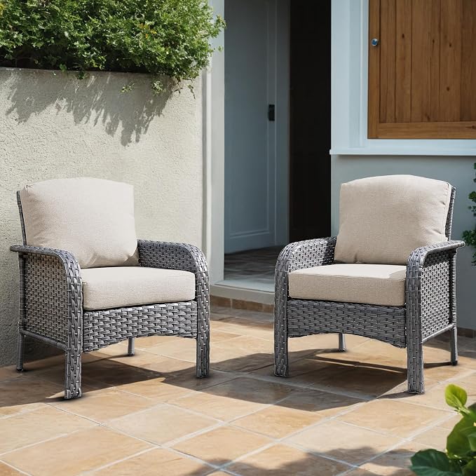 2 Pieces Wicker Patio Chairs - Outdoor Rattan Chairs Set of 2,All-Weather PE Wicker Dining Chair Set with High Back and Deep Seating for Deck Porch,Beige