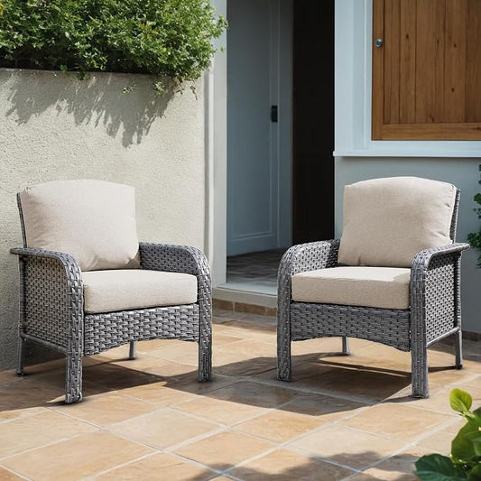2 Pieces Wicker Patio Chairs - Outdoor Rattan Chairs Set of 2,All-Weather PE Wicker Dining Chair Set with High Back and Deep Seating for Deck Porch,Beige