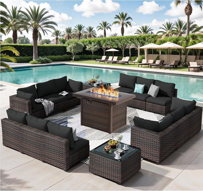 15 Pieces Patio Furniture Set with 44" Fire Pit Table, Rattan Outdoor Sectional Conversation Sets, All Weather Outdoor Furniture Set with Cushions for Garden Lawn Balcony Porch Deck Black