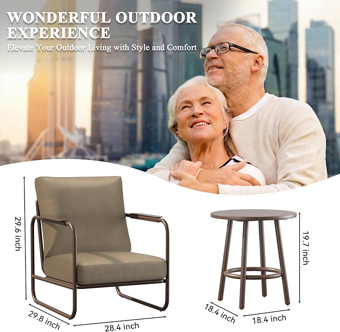 3 Piece Outdoor Chair Set with Side Table, 2 Patio Accent Chairs & Coffee Table, Sturdy Aluminum Frame, 6" Thick Cushions, 24" Wide Seat, All-Weather for Porch Deck Backyard, Brown