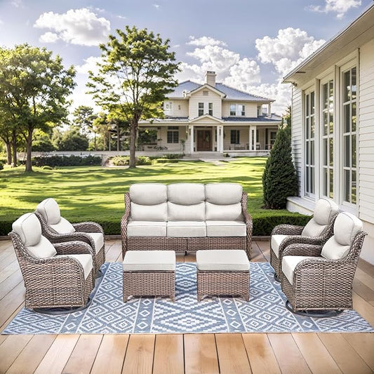 HUMMUH 7 Pieces Wicker Patio Furniture Set with Patio Swivel Chairs Set of 4,High Back Outdoor Sofa Ottomans,6 Inch Thick Cushions Outdoor Conversation Set for Porch, Balcony, Deck