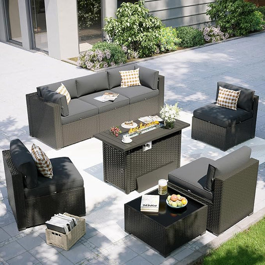Aoxun Patio Furniture Set with Fire Pit Table, 8 Piece Outdoor Sectional Set, Wicker Rattan Outdoor Furniture with Thickened Cushion for Backyard, Garden Black