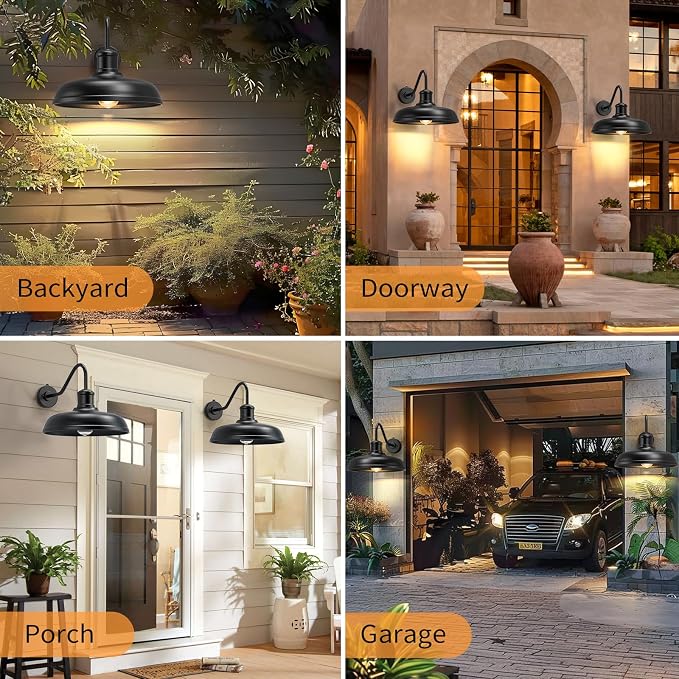 16 Inch Dome Dusk to Dawn Gooseneck Barn Light Outdoor, Black | Large Farmhouse Exterior Lighting Fixture, Industrial Outdoor Wall Sconce Outside Lantern for House, Porch, Garage