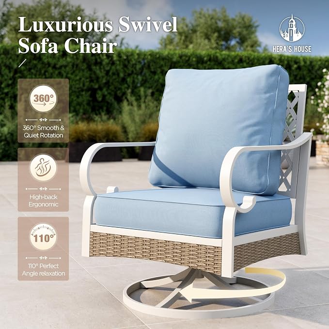HERA'S HOUSE 5 Piece Metal Patio Furniture Set, 7 Seats All Weather Outdoor Conversation Set, 3 Seat Sofa with Loveseat, 2 Swivel Chairs, Coffee Table for Backyard, Garden, Deck, White/Blue