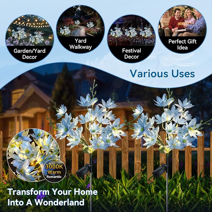 Neporal Solar Flowers Outdoor Waterproof IP65, 5-Head Snow Lotus with 20+ Flowers, Warm LED Light & 2 Lighting Modes, Decorative Solar Lights Outdoor Garden, Yard, Pathway, Flower Bed (2-Pack, Blue)