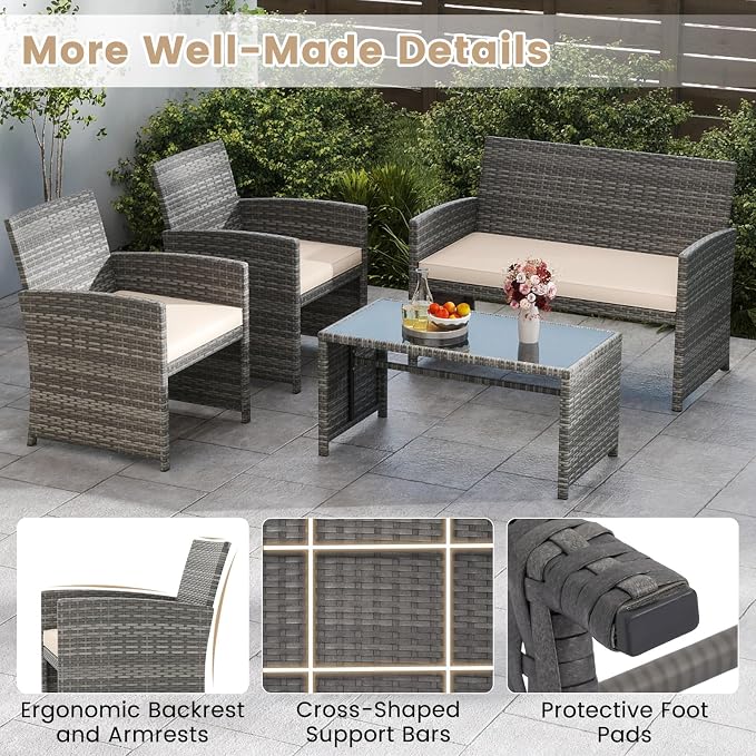 Tangkula 8 Piece Patio Wicker Furniture Set, Outdoor Heavy Duty Rattan Cushioned Chairs, Loveseat and Tempered Glass Coffee Table, for Backyard, Balcony, Poolside