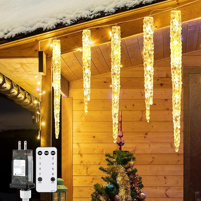 Brightown Icicle Lights for Outside, 2 Pack Total 40ft 40 Tubes 200 LED Ice Shape String Lights, Connectable Hanging Christmas Decoration Lights for Tree Patio Roof Holiday Decor, Warm White