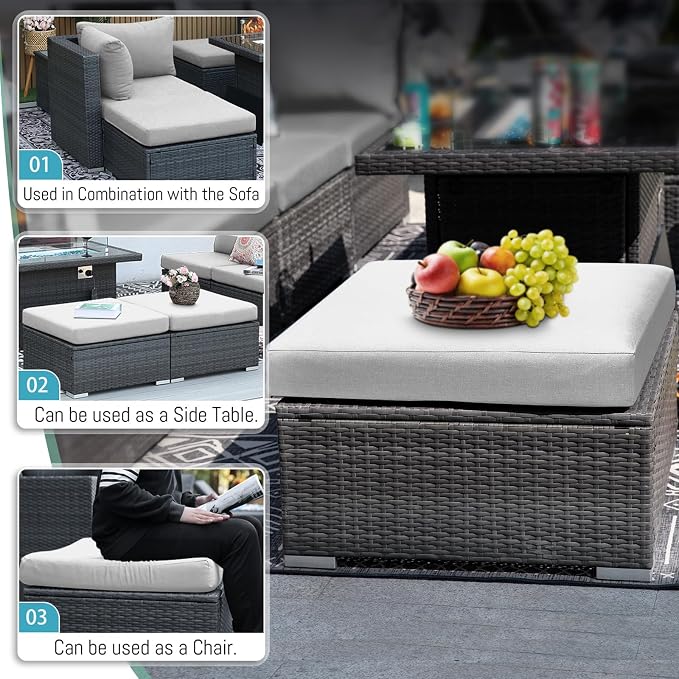 RADIATA 7 Piece Wicker Patio Furniture Set with Fire Pit, All-Weather Outdoor Sectional Couch High Back Large Size, Modular Backyard Seating Sofa Set with Propane/Natural Gas Firepit Table, Light Grey