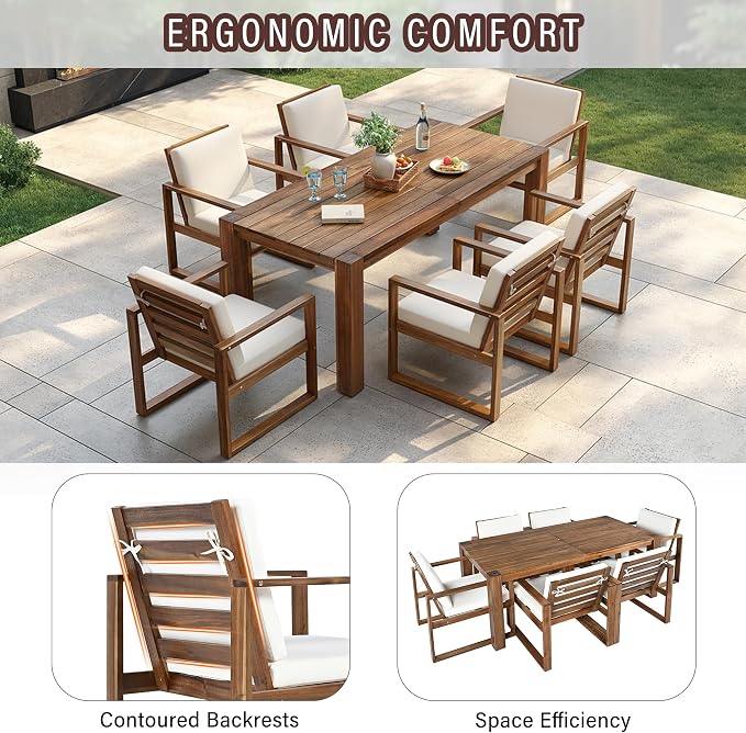 RUNNA Patio Table and Chairs Set,Outdoor Dining Set for 6 with Umbrella Hole,7 Piece Outdoor Patio Furniture Set Wood Frame with Removable Cushion for Garden,Backyard,Lawn,Poolside (Beige+Mocha#019)