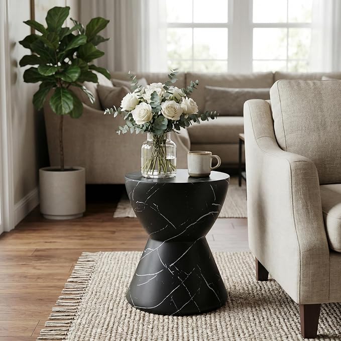 Outdoor Side Table, Black Marble Finish, Hourglass Shape