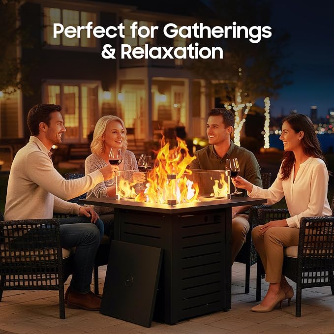 5-Piece Patio Furniture Set with Fire Pit Table & Coffee Table & Removable Washable Cushions, All-Weather Metal Frame and Wood-Like Armrests for Porch, Garden, Balcony,Black