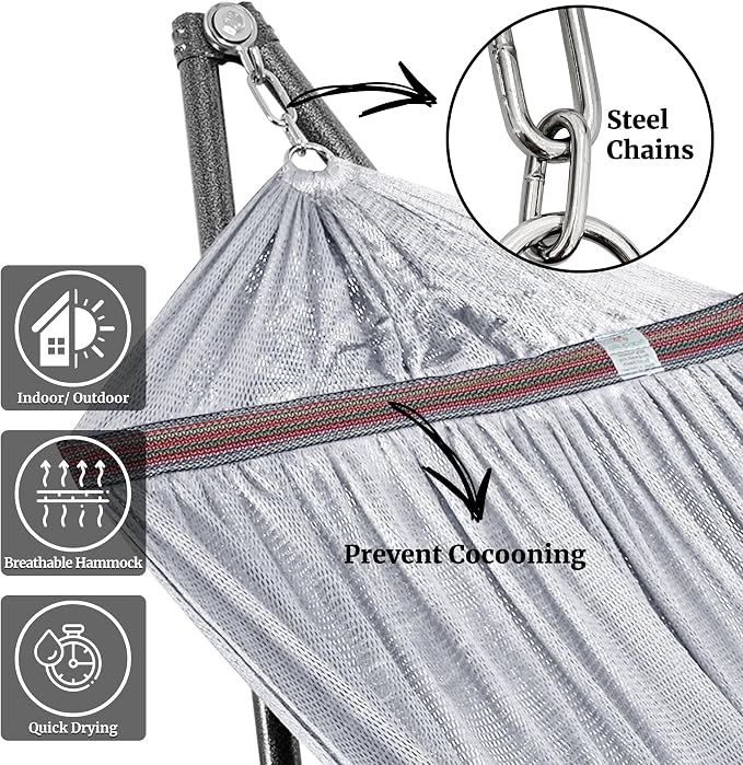 Tranquillo Universal Double Hammock with Stand Included for 2 Persons/Foldable Hammock Stand 600 lbs Capacity Portable Case - Inhouse, Outdoor, Camping, Grey