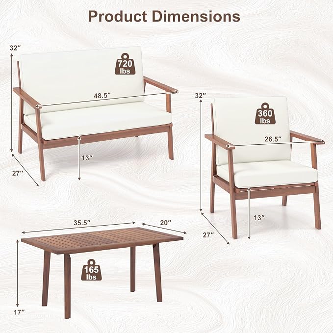 Tangkula 4 Piece Outdoor Conversation Set, Acacia Wood Sofa Set with Soft Seat & Back Cushions, Rectangle Coffee Table Patio Wood Furniture Set for Backyard, Poolside, Garden (1, Off White)