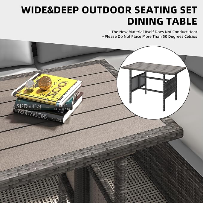 AECOJOY Outdoor Patio Furniture Set with Waterproof Cover, 7 Pieces Clearance Sectional Rattan Dining Table&Chairs, All Weather Wicker Conversation Sofa Couch, Grey Cushions&Grey Rattan