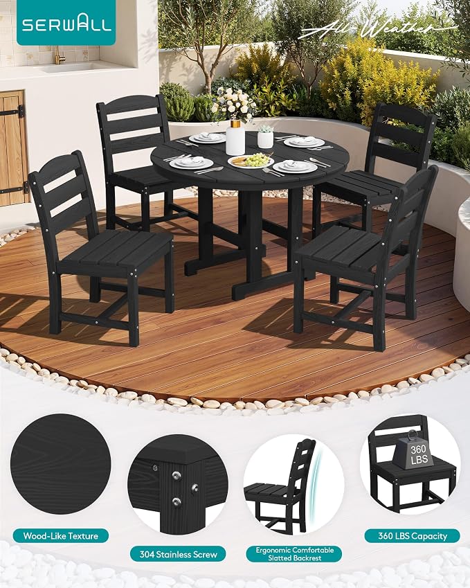 SERWALL 5-Piece Outdoor Round Dining Sets, HDPE Patio Table and Chairs Furniture Set, 45" Round Dining Table and 4 Armless Dining Chairs, Black