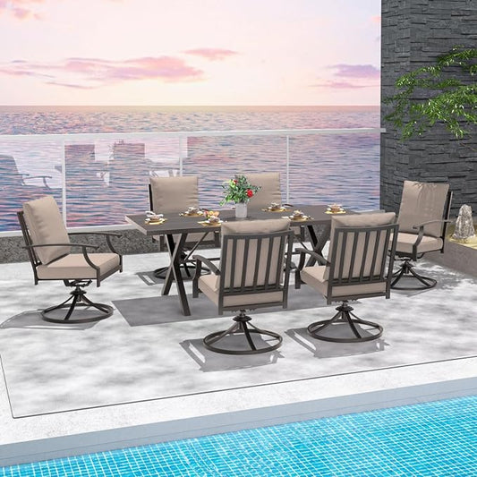 7-Piece Patio Dining Set Outdoor Conversation Set,Metal Outdoor Furniture Set with Umbrella Hole Cut-Out 78.7" x 35.4" Table and 6 Metal Backrest Swivel Chairs for Backyard,Garden,Sand