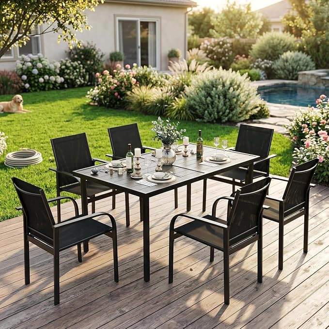 Garvee 7 Piece Patio Dining Set, Black Dining Table with 6 Black Chair | Outdoor Furniture with 55" Rectangular Iron Table & 6 Textilene Chairs, All Weather Designed, Suitable for Backyard Garden