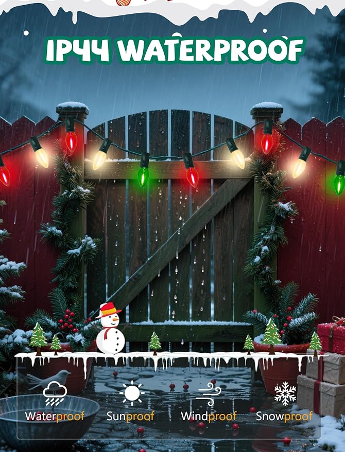 C7 LED Red White and Green Christmas Lights, 26Ft Vintage Outdoor Christmas String Lights with 27 LED Colored Bulbs, Connectable Hanging Xmas Decorations Lights for Roofline House Garden Patio Party