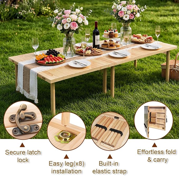 60" x 30" Boho Low Wooden Folding Picnic Table with Table Runner, Portable Boho Picnic Table for Indoor Outdoor Use, Camping, Beach, Garden, Wedding & Party (8 Steak Knives & Forks Included)