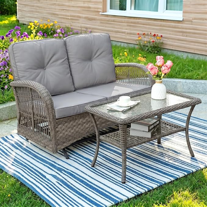 MEETWARM Outdoor Wicker Patio Glider Set, Loveseat for 2 Person Porch Furniture Glider with Glass-Top Coffee Table, Patio Glider Rocking Bench with Thickened Cushions, Gray