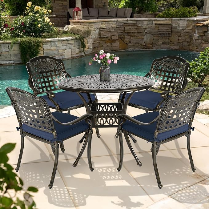 5-Piece Outdoor Patio Dining Set, All-Weather Cast Aluminum Patio Furniture Set for Backyard Garden Deck with 4 Chairs, 4 Cushions and 35.4" Round Table, 2" Umbrella Hole, Navy