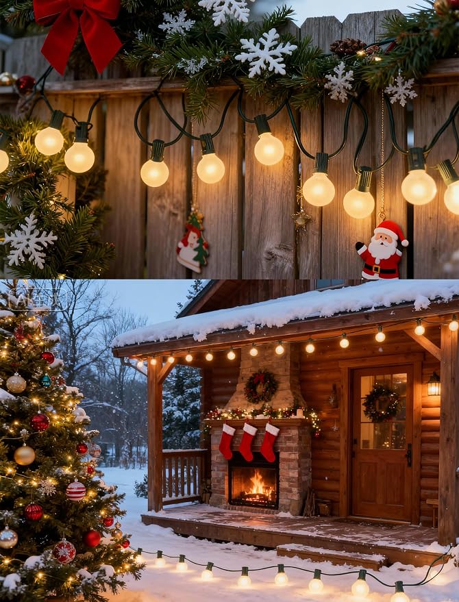 G40 Frosted White Christmas Lights Outdoor 25Ft Globe Christmas Decorations Lights with 27 Frosted White Bulbs, Hanging Globe Outdoor String Lights for Xmas Tree Wedding Backyard Party, Green Wire