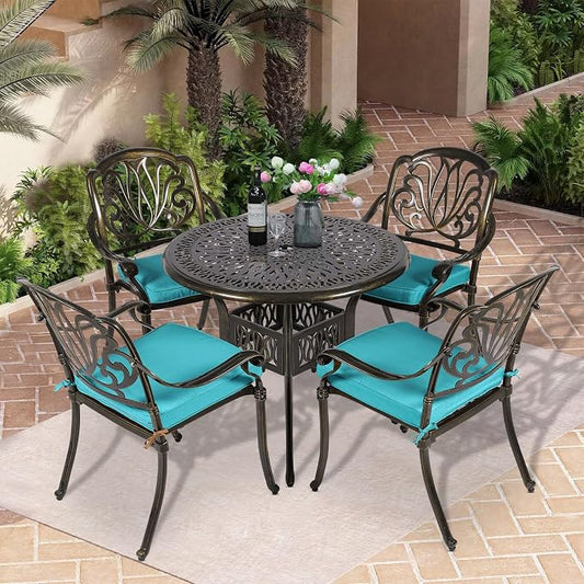 5-Piece Outdoor Patio Dining Set, All-Weather Cast Aluminum Patio Table Set, Include 4 Cushioned Chairs and a 35.4 inch Round Table w/Umbrella Hole for Balcony Garden Backyard, Ocean Blue