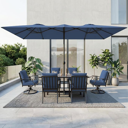 8 PCS Outdoor Patio Dining Set with 13.6ft Double-Sided Patio Umbrella,Patio Table and Chairs Metal Outdoor Patio Furniture Set,Dining Table Set with Swivel Chairs,Navy Blue