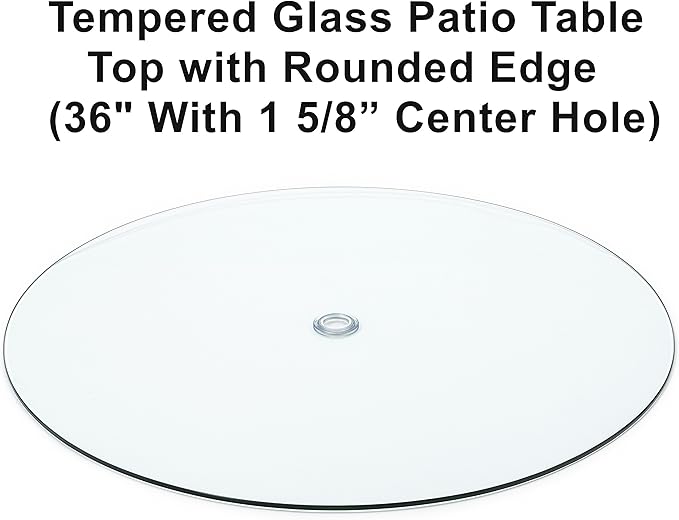 Audio-Visual Direct Tempered Glass Patio Table Top with Rounded Edge (36" with 1 5/8" Center Hole) Includes Free Umbrella Hole Ring and Cup Set