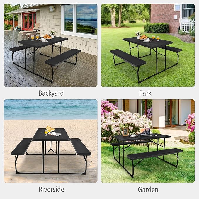 Folding Picnic Table and Bench Set w/Wood Grain for Adults, Indoor & Outdoor Steel Frame Collapsible Camping Table for BBQ, Parties, Camping and Picnic (Black)