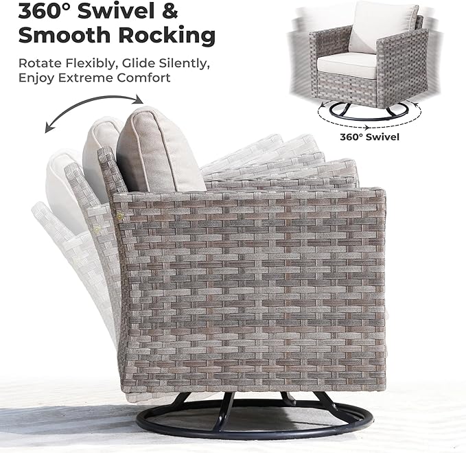ovios 10 Pieces Patio Furniture Set, Outdoor Wicker Sectional Sofa with 42" Fire Pit Table Swivel Chairs, Modern Modular Deep Seat Rattan Couch Conversation Sets, Beige