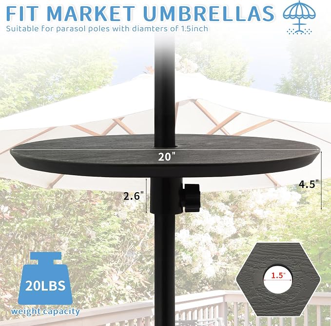 Outdoor Adjustable Umbrella Table Tray, 20” Round Outdoor Umbrella Table with Hole, Portable Patio Beach Umbrella Table Tray Fit 1.5" Umbrella Pole for Poolside, Backyard, Garden, Black